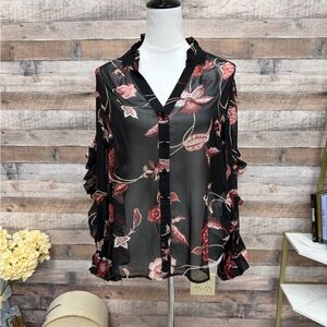 Chicos Black Floral Sheer Ruffled Long Sleeve Top 8